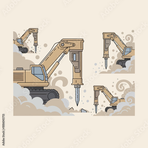Heavy Construction Machinery Hydraulic Hammer Demolition Work Vector Illustration Set