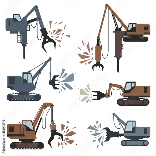 Heavy Construction Machinery Excavators Demolishing Working Site Vector Illustration Collection