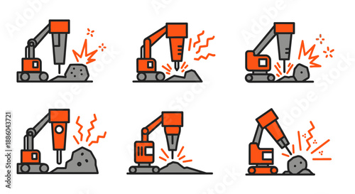 Heavy Construction Machinery Icons Demolishing Rocks With Power Breakers Set