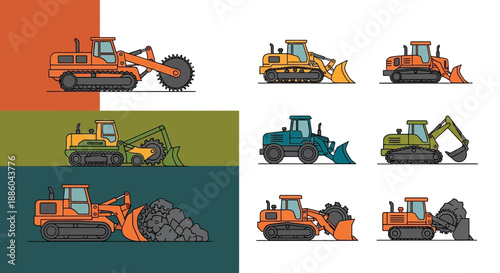 Heavy Construction Machinery Vehicles Collection Flat Design Illustration Set For Engineering