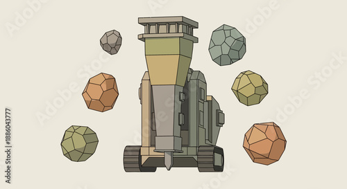 Geometric Jackhammer Machine Breaking Polygonal Rocks In A Clean Digital Illustration