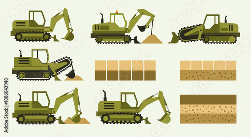 Heavy Construction Vehicles Earthmoving Machinery Digging Operations And Soil Layers Illustrated Set