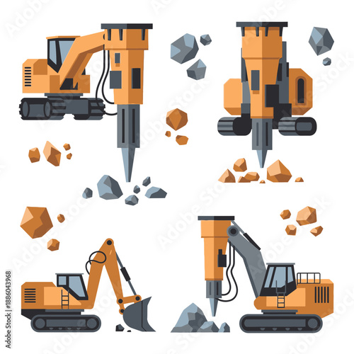 Heavy Demolition Excavators And Construction Machinery Equipment Set For Work Site Vector Graphic