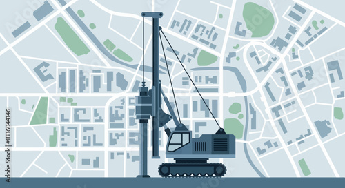 Heavy Construction Drilling Rig On Urban City Map Background Illustration For Infrastructure