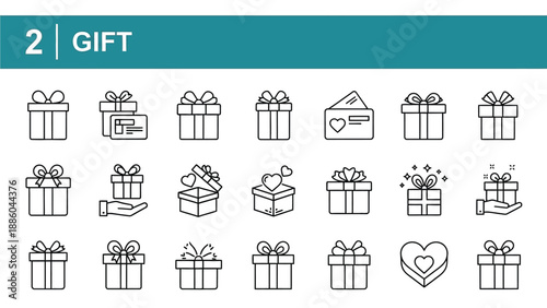 Collection of diverse outline icons representing wrapped gifts, gift cards, and small presents suitable for commerce or celebration graphics.