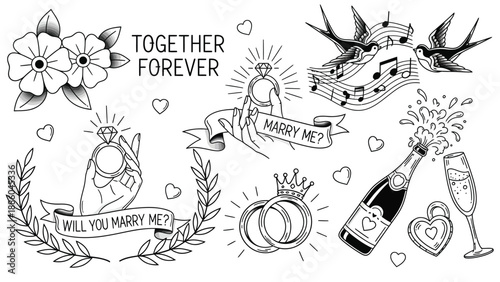 Various black and white tattoo flash designs featuring wedding rings, engagement proposals, champagne celebrations, and love banners are arranged together.