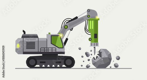 Heavy Duty Excavator With Hydraulic Breaker Demolishing Rock In Flat Vector Style Illustration For