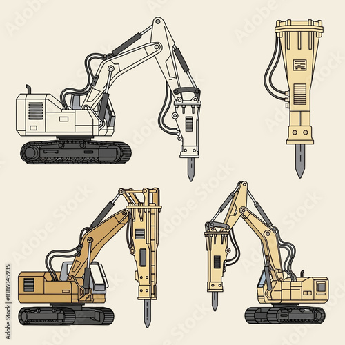 Heavy Duty Excavator With Hydraulic Demolition Breaker Machine Icon Set Vector Illustration