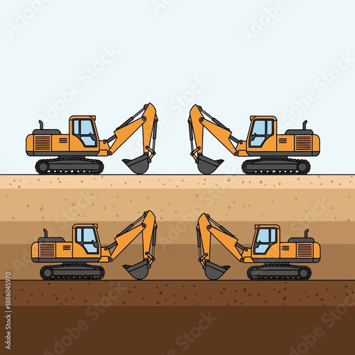 Heavy Duty Excavators Operating On Construction Site Industrial Earthmoving Machines