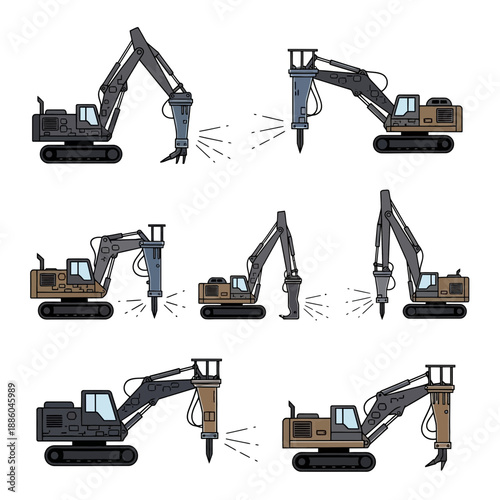 Heavy Duty Excavators With Hydraulic Breakers At Work Construction Site Set Vector