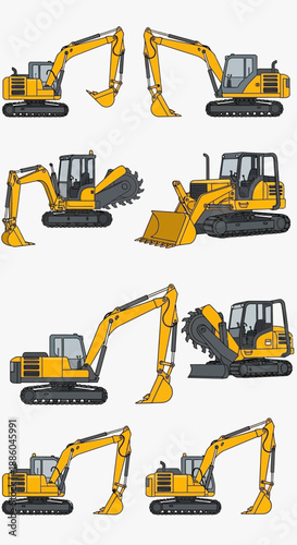 Heavy Duty Excavators Vector Collection For Industrial Construction Projects