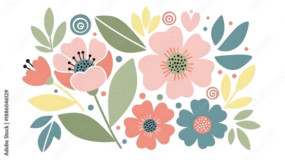 Fototapeta premium A colorful floral illustration featuring pink and blue flowers with green leaves on a white background