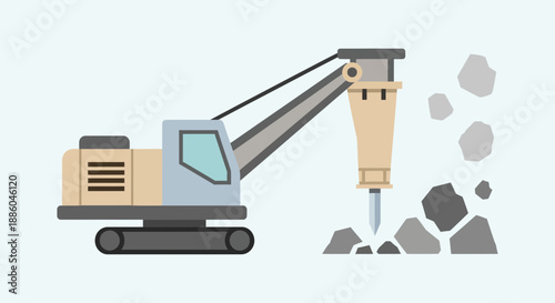 Heavy Duty Construction Excavator With Hydraulic Breaker Demolishing Rocks