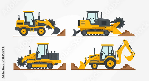 Heavy Duty Construction Machines Set Excavators And Backhoes Digging Soil Work Site Vector Art