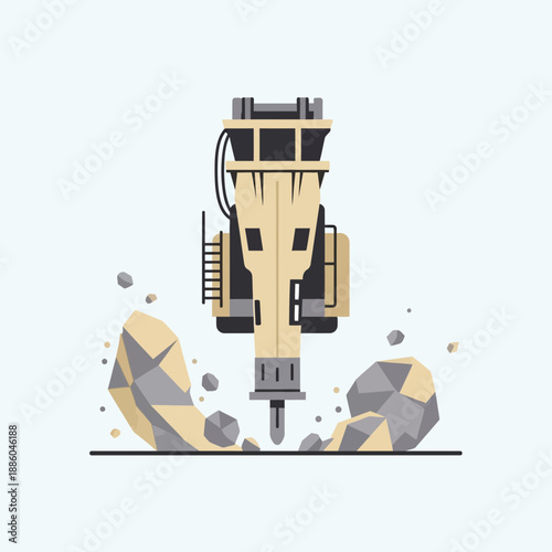Heavy Duty Hydraulic Breaker Demolishing Hard Rocks On Construction Site