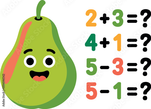 A cartoon pear with a smiling face is shown next to a series of basic math problems.