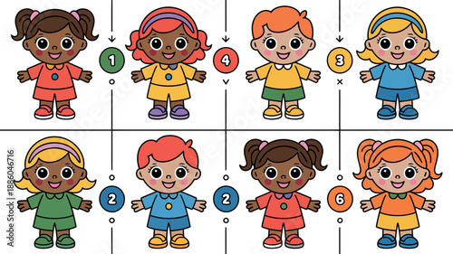 A diverse group of cartoon children standing in numbered sections on a white background