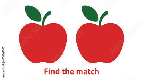 Two identical red apples with green leaves on a white background with a find the match text