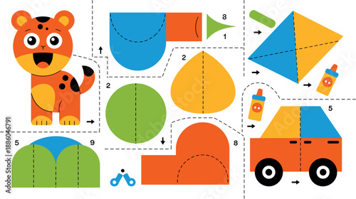 A colorful paper craft kit for kids featuring a tiger and a truck with various shapes and pieces to assemble.