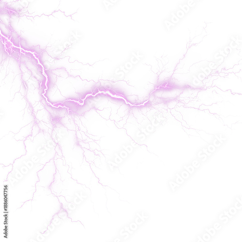 Vertical purple lightning bolt with intense glowing core and fractal electrical sparks, magical pink energy strike isolated on transparent background