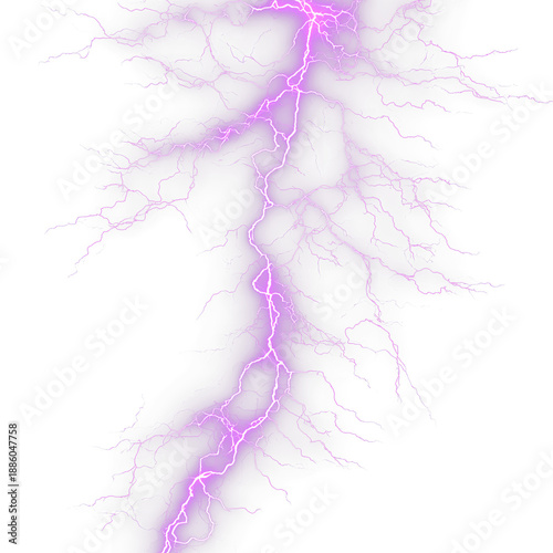 Vertical purple lightning bolt with intense glowing core and fractal electrical sparks, magical pink energy strike isolated on transparent background