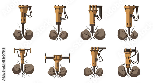 Heavy Duty Jackhammers Breaking Rocks Construction Equipment Set Vector Illustrations