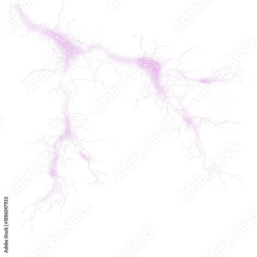 Purple lightning bolt strike with glowing electric discharge and branching sparks, pink energy flash isolated on transparent background, magical plasma power effect