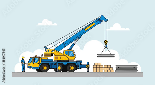 Heavy Duty Mobile Crane Lifting Construction Materials On Site With Worker Present