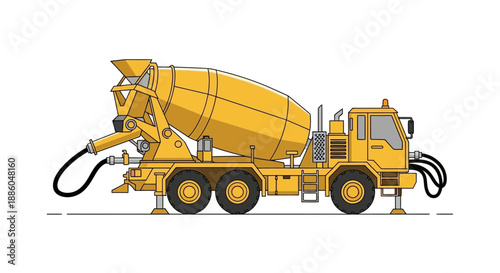Heavy Duty Yellow Concrete Mixer Truck Building Site Equipment Vector Illustration