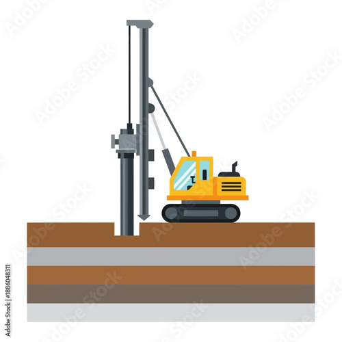 Heavy Duty Pile Driver Machine Working On Deep Foundation Drilling Project Site