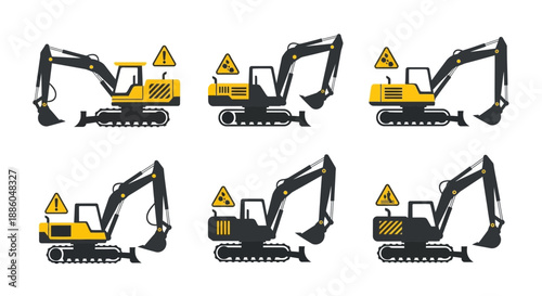 Heavy Equipment Excavator Construction Vehicle Warning Sign Icons Set Modern Industrial Machinery