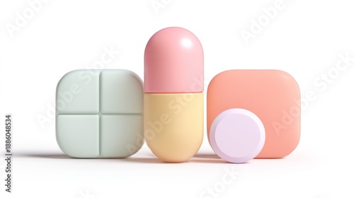 Soft 3D Wellness Icon Set: Pastel Rounded Pills and Blocks Concept for Health, Relaxation, and Healthy Living – Modern Lifestyle Illustration for Self-Care and Balance