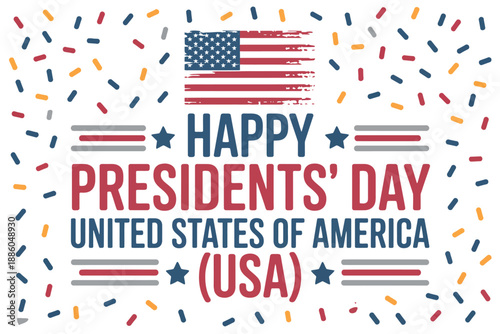 A colorful graphic celebrating Presidents' Day in the United States of America