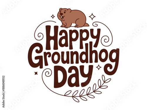 A colorful illustration celebrating Groundhog Day with a cheerful groundhog and decorative text.