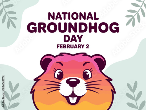 A colorful cartoon groundhog celebrates National Groundhog Day on February 2nd with a cheerful expression