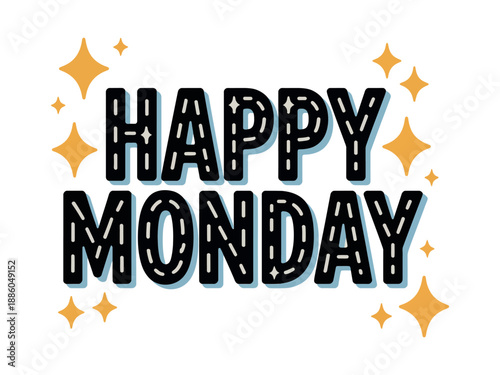 A colorful graphic with the words 'Happy Monday' surrounded by yellow stars on a white background