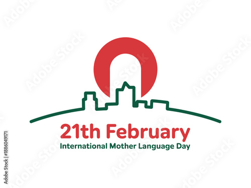 A logo celebrating International Mother Language Day on February 21st with a cityscape and red circle design