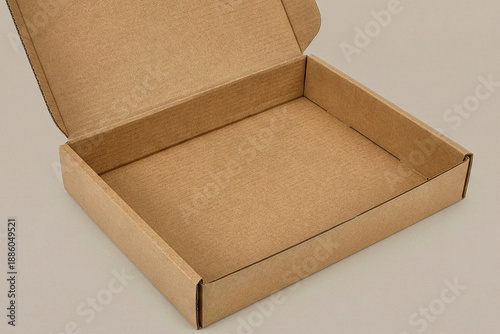 Perspective view of an open empty rectangular cardboard mailer box showing interior texture