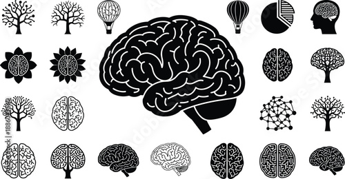 Creative brain and nature concept icons set, black vector illustrations of mind, trees, ideas, neural networks, intelligence symbols