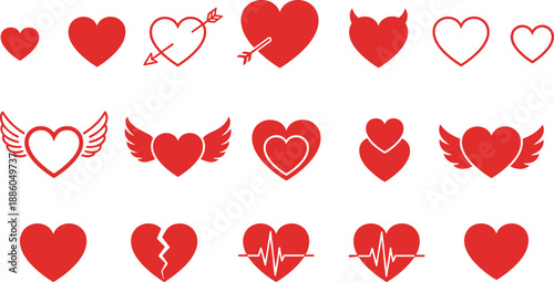 Red heart icons set showing love, romance, wings, arrows, broken and heartbeat symbols isolated on white background for Valentine and branding designs