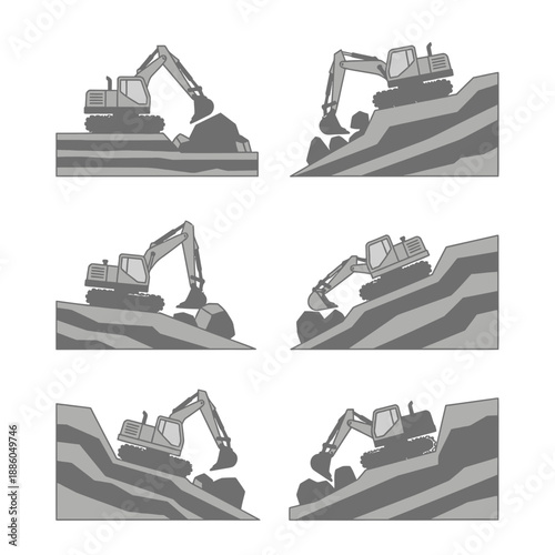 Heavy Equipment Excavator Digging Earth Moving Dirt On Steep Construction Site