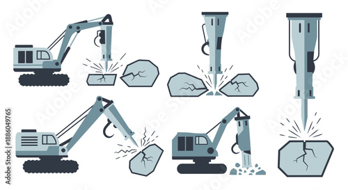 Heavy Machinery Jackhammer Excavator Crushing Rocks Construction Site Vector Illustration Set