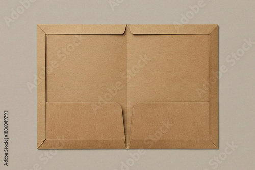 Open empty brown kraft paper presentation folder with two pockets for documents
