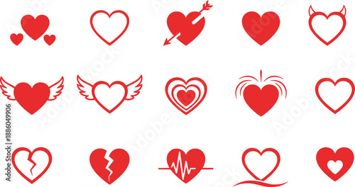 Valentine, heart, icon, set, red, love, romance, wedding, emoji, collection, flat, design, vector, romantic, symbols, broken, winged, arrow, heartbeat, graphic