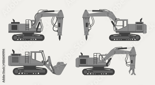 Industrial Diggers Demolition Equipment And Earthmoving Machines Collection Vector Set