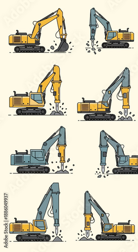 Industrial Diggers And Breakers Showcased In A Modern Flat Design Illustration Style