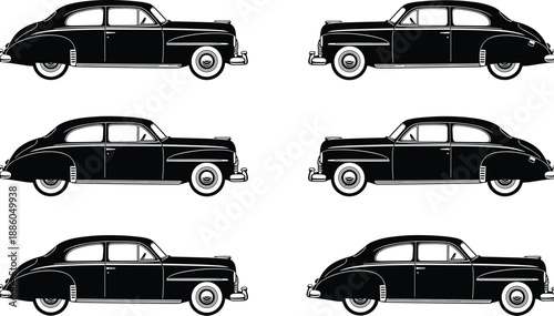 Vintage black classic car silhouettes collection, retro automobile vector set for transportation design, branding, posters, and automotive history illustration template
