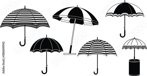 Vintage umbrella silhouette vector collection featuring striped and classic designs, rainy weather protection icons for branding, fashion, print, and graphic design projects