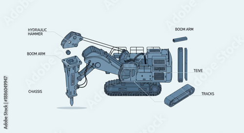 Heavy Excavator Machine Components Illustrated Diagram Blueprint Engineering Construction