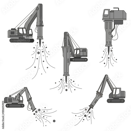 Heavy Industrial Demolition Equipment And Hydraulic Jackhammer Machinery Icon Set